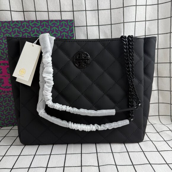 NWT Tory Burch Black Matte Quilted Tote Bag Authentic - Picture 2 of 12